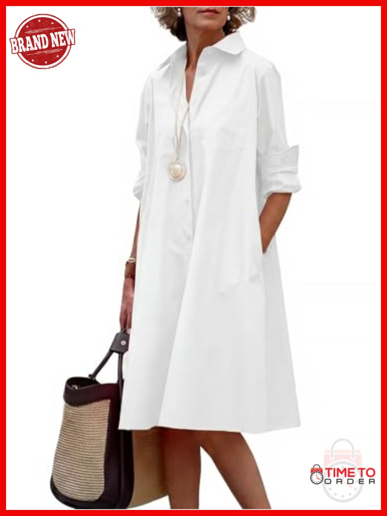 Casual Button Down Shirt Dress With Pockets A-Line Midi Tunic Cotton